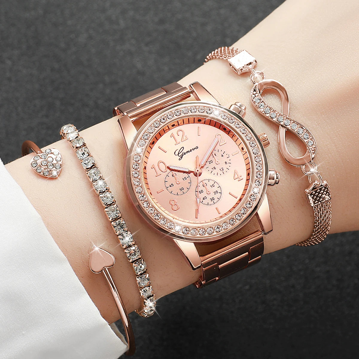 4PCS/Set Fashion Rhinestone Women Watches Luxury Steel Band Ladies Quartz Watch Bracelets Set Reloj Mujer(Without Box)